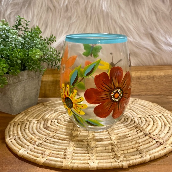 Set of 4 Field of Flowers Stemless Glass by Cypress Hand Painted - Picture 3 of 6